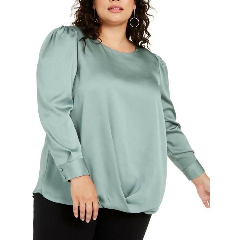Vince Camuto Drape Front Satin Blouse - Sage Green - 2X